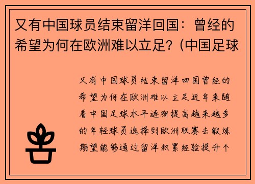 又有中国球员结束留洋回国：曾经的希望为何在欧洲难以立足？(中国足球球员留洋)