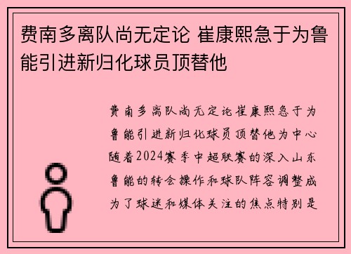 费南多离队尚无定论 崔康熙急于为鲁能引进新归化球员顶替他