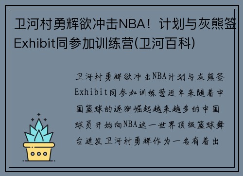 卫河村勇辉欲冲击NBA！计划与灰熊签Exhibit同参加训练营(卫河百科)